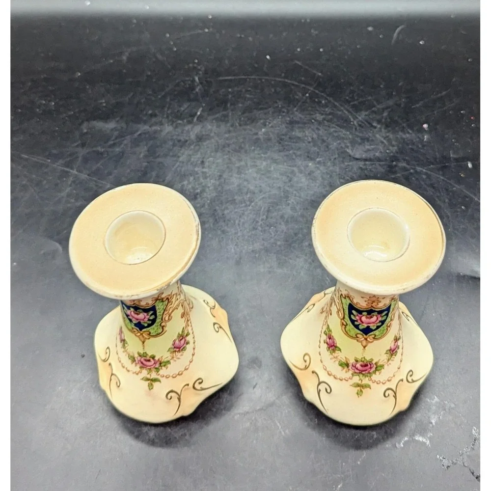 Antique Set/2 Crown Ducal Transferware Candle Sticks Flower Floral 5.5